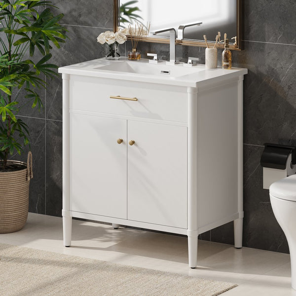 English Elm Christopher Knight Home® - 30 Inches Bathroom Vanity With Soft Close Doors, Curved Design, Adjustable Shelf & Elegant Sink N817P299509W
