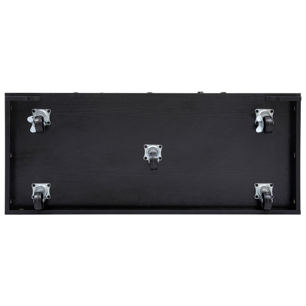 English Elm K&K 46.5'' Farmhouse Kitchen Island Cart with Beaded Drapes, Drop Leaf, Power Hub, Ample Storage Black N707P254872B