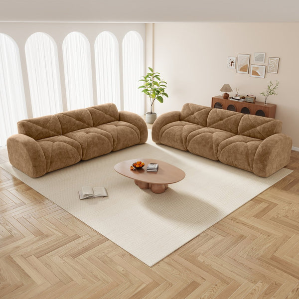 English Elm 2 Piece Velvet Sofa Set Tufted 6 Seat Modular Living Room Seating with Deep Cushions Camel W714S01846