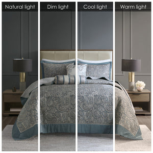 English Elm 5 Piece Jacquard Bedspread Set with Throw Pillows Queen Paisley Pattern Grey-Trimmed Quilted Luxury Teal 18.11 L x 22.83 W x 8.27 H B035P148360