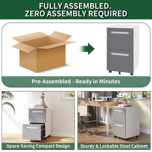 English Elm 2-Drawer Mobile File Cabinet with Lock, Heavy-Duty Steel, Full-Extension Drawers, 360° Casters, Gray T2398P391278