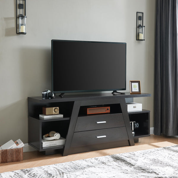 English Elm Two tall two-drawer TV stand with divided shelf and cubbies, aluminum bar handles, modern flair B107P302901