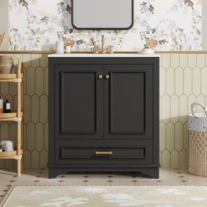 English Elm 30" Elegant Bathroom Vanity with Ceramic Sink, French-Inspired Compact Cabinet with Drawer & Shelf Black N710P317676B