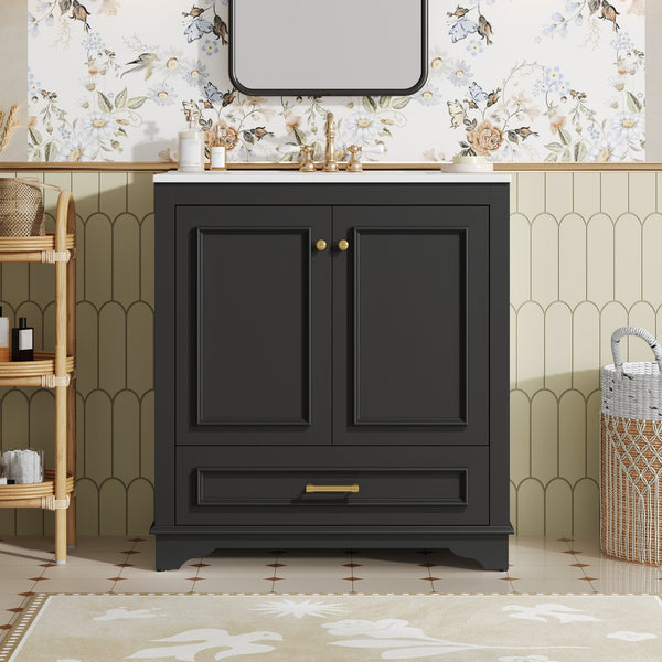 English Elm 30" Elegant Bathroom Vanity with Ceramic Sink, French-Inspired Compact Cabinet with Drawer & Shelf Black N710P317676B