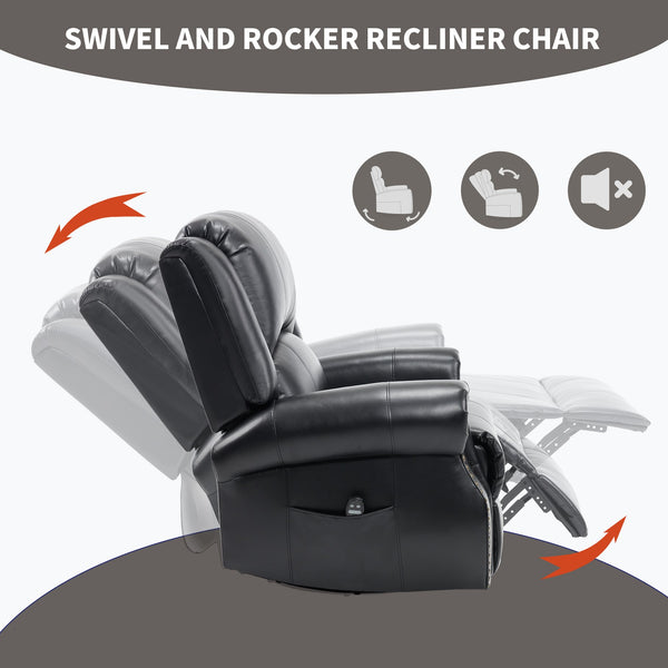 English Elm Heat Massage Rocker Swivel Recliner Chair with Lumbar Relief Nodes for Living Room Black W3224S00032