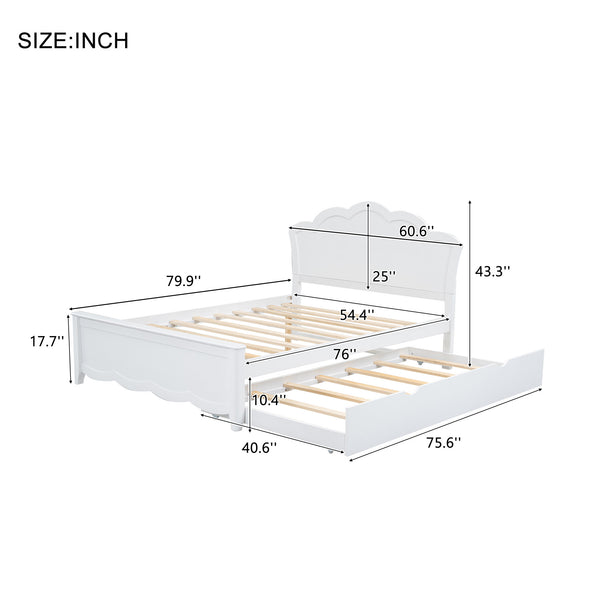 English Elm Full Full Size Wood Platform Bed with Headboard & Twin Trundle, Solid Pine/MDF, White Finish, Durable Design GX000390AAK