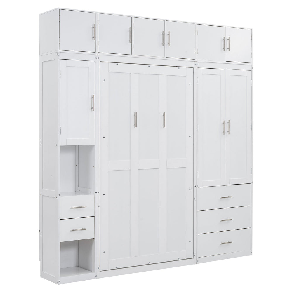 English Elm Twin Murphy Bed with Lockers & Wardrobes White — Space-Saving Foldaway Cabinet Bed w/ Shelves, Drawers and Video Guide GX000391AAK