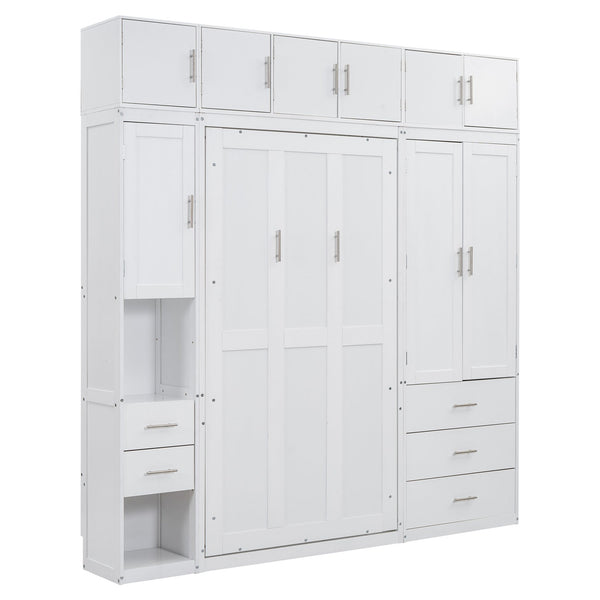 English Elm Twin Murphy Bed with Lockers & Wardrobes White — Space-Saving Foldaway Cabinet Bed w/ Shelves, Drawers and Video Guide GX000391AAK
