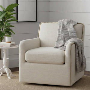 English Elm Torrance Swivel Accent Chair with Antique Brass Nailhead Trim for Modern Living Beige B050P451389