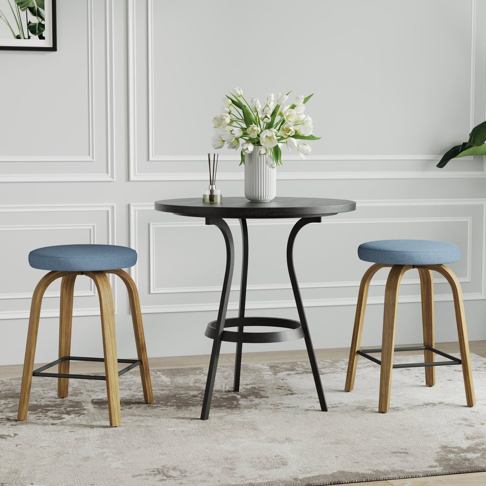 English Elm Swivel Backless Counter Stools Set of 2 with Fabric Seat Bentwood Legs Mid-century Modern Blue W3107P446977