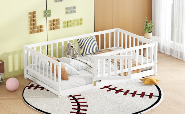 English Elm Twin Montessori Pine Floor Bed with Perimeter Fence Door and Slatted Base for Kids W1820P399071