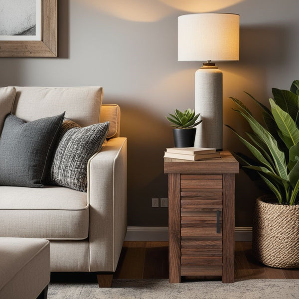 English Elm 14 inch Chairside Table Crafted from Knotty Alder in Whiskey Finish, Distressed Rustic Urban Look, Flat Black Hardware, Fully Assembled, Hidden Storage, Lamp-Ready Surface B108P160192