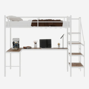 English Elm Loft loft bed with L-shaped desk, built-in storage stairs, 360° guardrail, sturdy iron frame for small rooms White W1935S00004