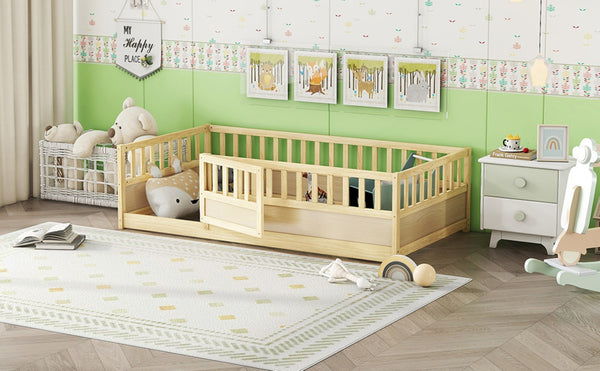 English Elm Twin Size Montessori Floor Bed With High Security Barrier & Child-Friendly Door - Natural Wood W1858P195272-GIGA