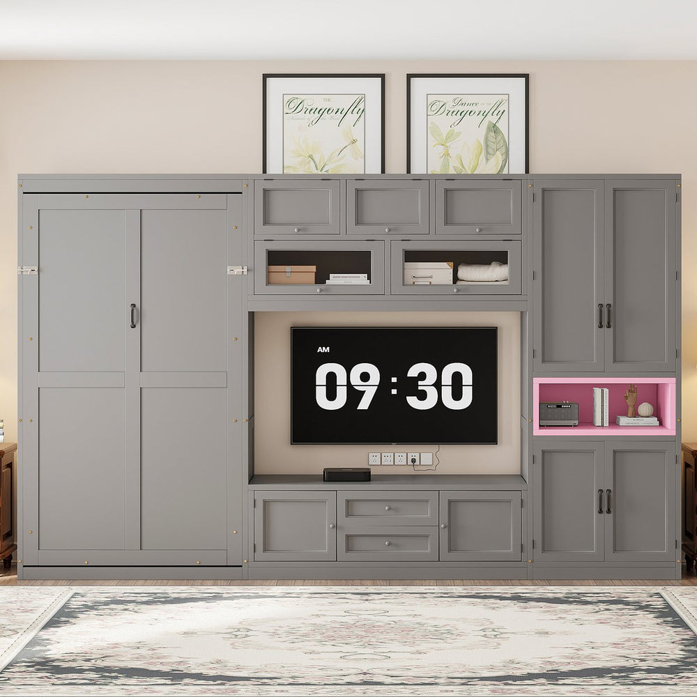 English Elm Twin Murphy Wall Bed with Integrated Tv Stand Open Shelving and Cabinet Storage LP000768AAE