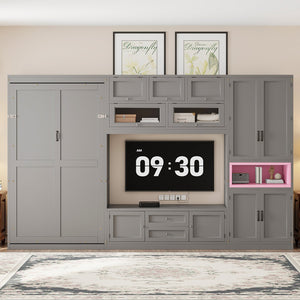 English Elm Twin Murphy Wall Bed with Integrated Tv Stand Open Shelving and Cabinet Storage LP000768AAE