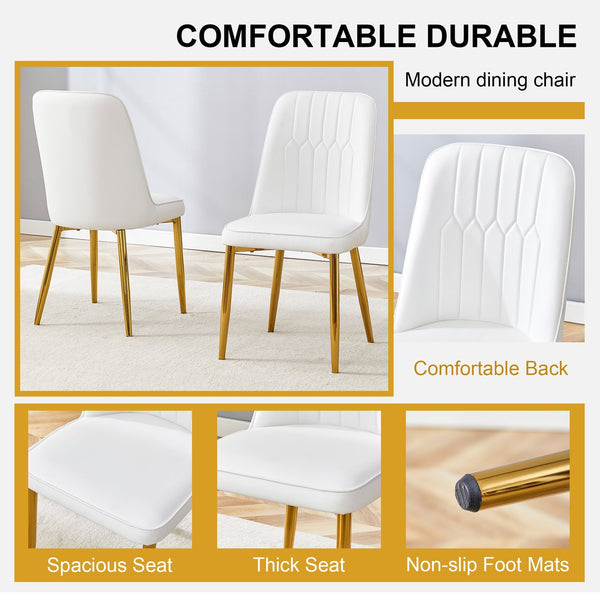 English Elm 2 Modern Dining Chairs White Gold PU Cushion Ergonomic Curved Back Metal Legs Adjustable Pads W1151P250114