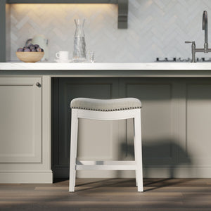 English Elm 26in. Whitewash Hardwood Backless Barstool Gray Upholstered Saddle Seat Nailhead B2751P436485