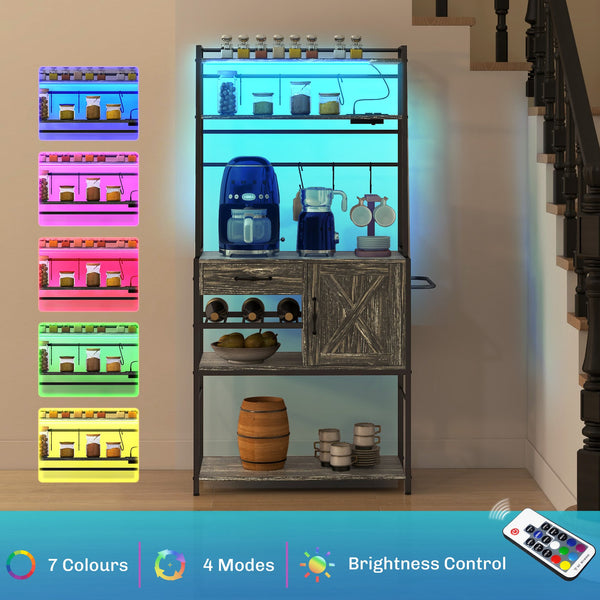 English Elm HOMCOM Bakers Rack with LED RGB Lights, Built-In Outlets & USB, Wine Rack, Drawer, Industrial Charm Gray W2225P217366