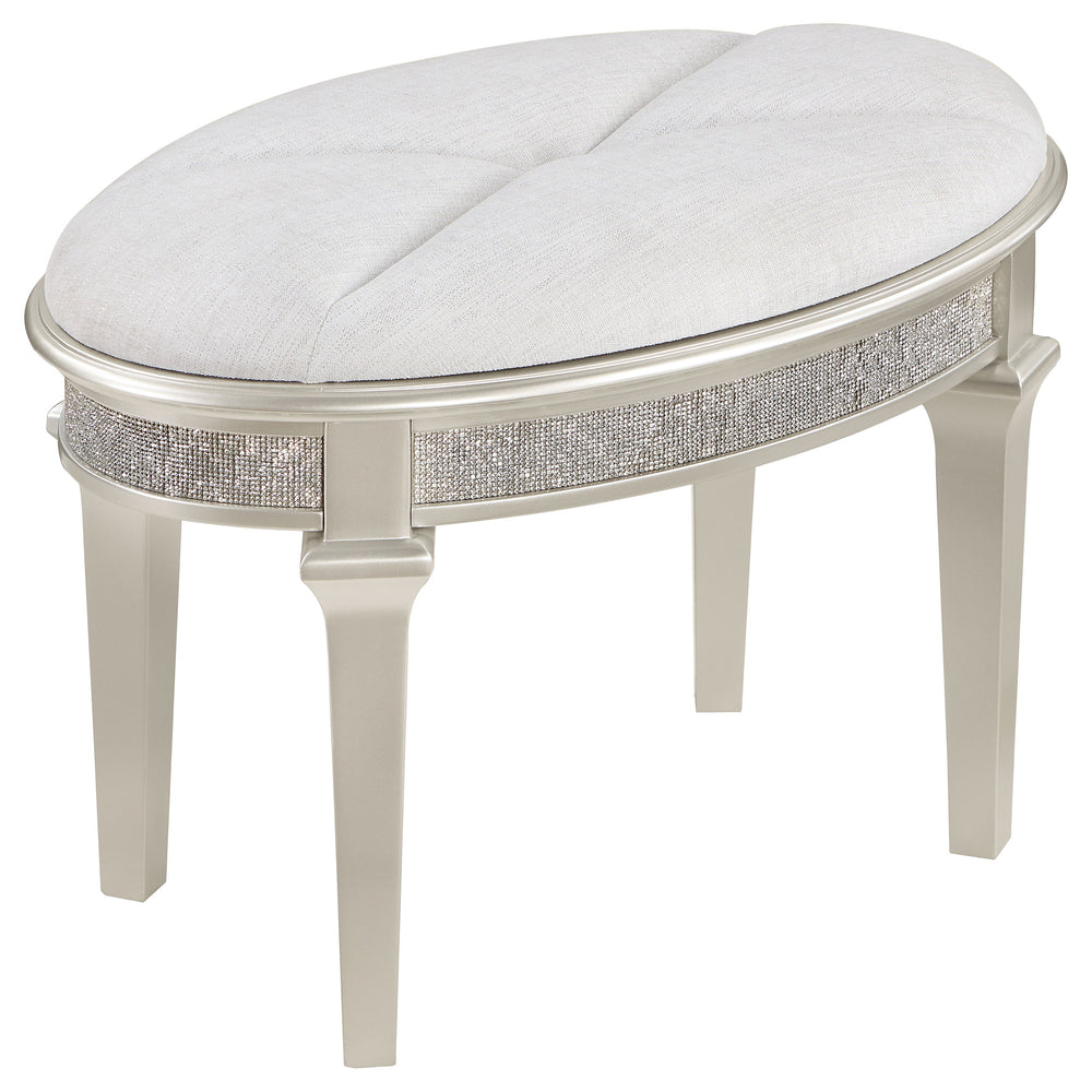 English Elm Colwood Ivory Chenille Oval Vanity Stool with Crystal Trim and Silver Oak Tapered Legs B062P441148