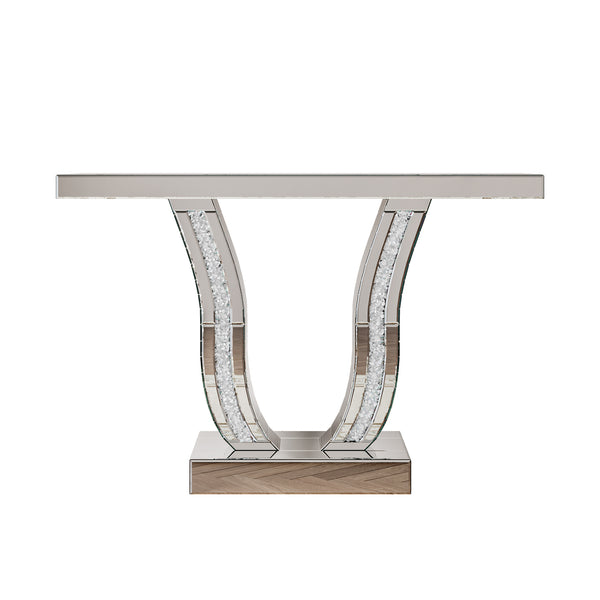 English Elm 43 Inch Mirrored Console Glam Sofa Table with Crystal Stone Inlaid Curved Legs W1445P370475