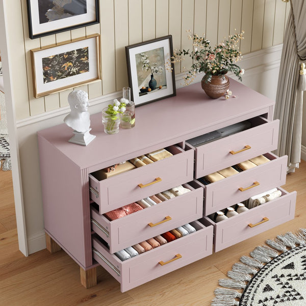 English Elm 6-drawer Double Dresser Solid Wood Legs Mid-century Modern Bedroom Storage Cabinet Pink W1445S00009