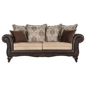 English Elm Brookridge Traditional Rolled Arm Sofa in Brown Faux Leather & Fabric, Ornate Wood Trim, 93" Wide B062P354077