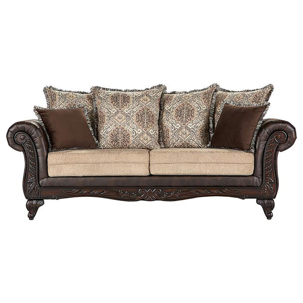 English Elm Brookridge Traditional Rolled Arm Sofa in Brown Faux Leather & Fabric, Ornate Wood Trim, 93" Wide B062P354077