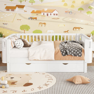 English Elm Twin Kids Platform Bed Solid Pine White Finish with Storage Drawers and Safety Rails White W2593P409116