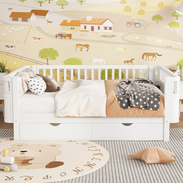 English Elm Twin Kids Platform Bed Solid Pine White Finish with Storage Drawers and Safety Rails White W2593P409116