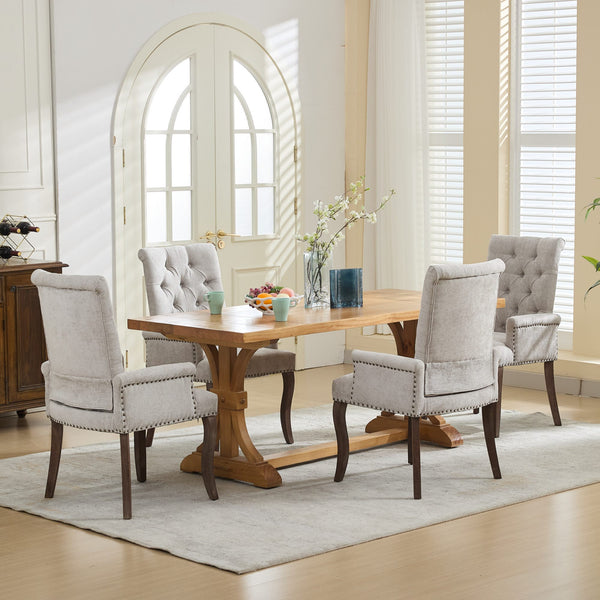 English Elm Upholstered Chenille Dining Chair with Hand-Tufted Back, Curved Solid Wood Legs, Comfortable Armseat Beige W1143P346927