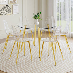 English Elm A Modern Minimalist Style Round Transparent Tempered Glass Table With Gold Metal Legs, Paired With 6 Modern Style Transparent Dining Chairs For A Luxurious Experience.