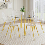 Round Transparent Tempered Glass Table with Gold Metal Legs and 6 Transparent Dining Chairs for Luxurious Experience