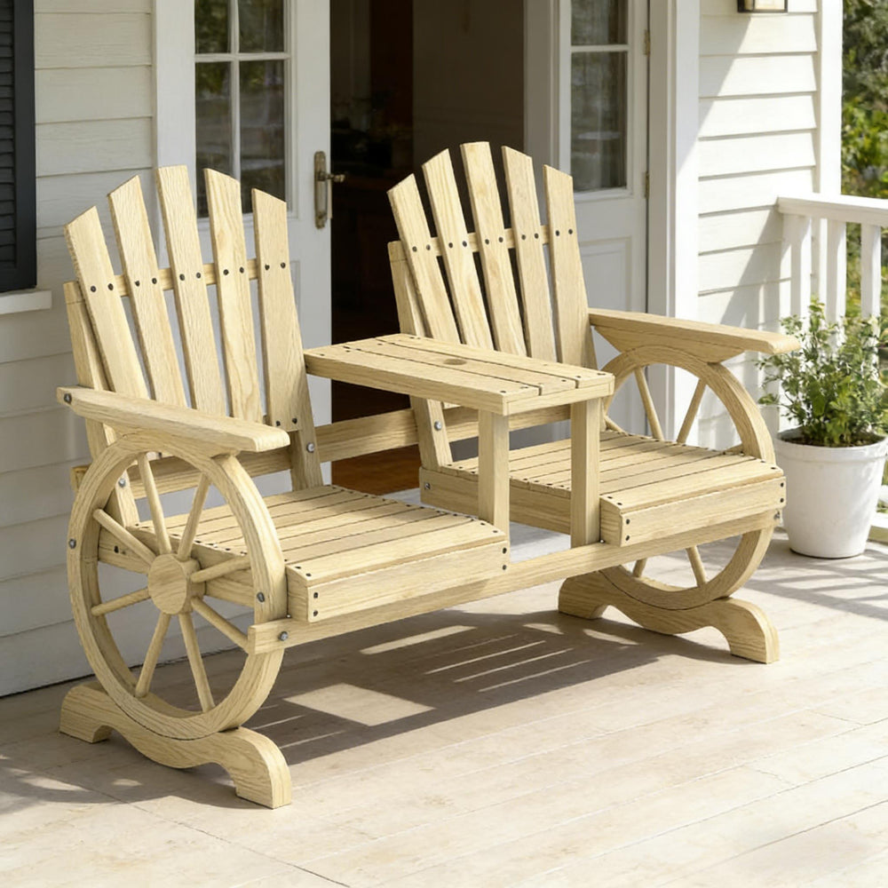 English Elm Stable Outdoor Fir Wood Bench with Wagon Wheel Legs and Built in Center Table T3971P446216