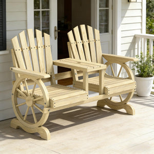 English Elm Stable Outdoor Fir Wood Bench with Wagon Wheel Legs and Built in Center Table T3971P446216