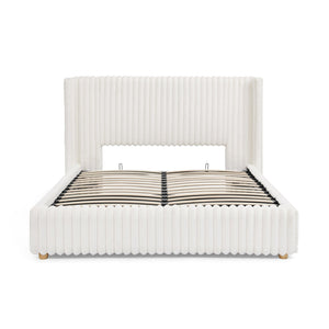 English Elm Queen Storage Bed Plush Ribbed Rabbit Fur Upholstery Gas Lift Platform Modern Luxury W1413S00181