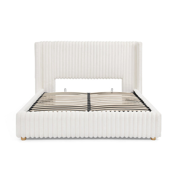 English Elm Queen Storage Bed Plush Ribbed Rabbit Fur Upholstery Gas Lift Platform Modern Luxury W1413S00181