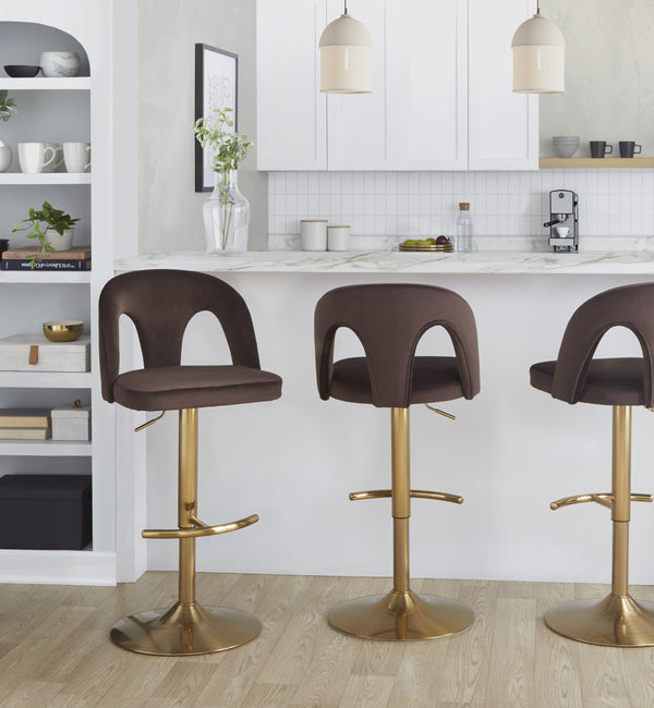 English Elm Adjustable Swivel Barstools Set of 2 White Fabric Padded Seats Chrome Base Espresso B202S01955