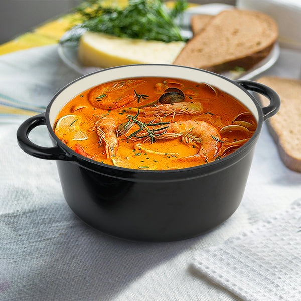 English Elm 4.5 Quart Dutch Oven Pot with Lid, Enameled Cast Iron, Nonstick Ceramic Surface for Even Cooking and Moisture-Retaining Baking up to 500°F Black T3950P396340