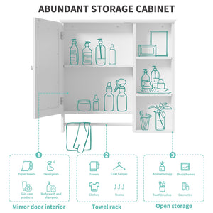 English Elm Wall Mounted Bathroom Storage Cabinet with Large Mirror, Adjustable Shelves, Towel Rack & Durable MDF White N729P180116K