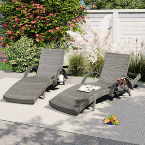 English Elm K&K 80" Outdoor Wicker Chaise Lounge Set of 2 with 2000H UV Wicker, Pull-Out Side Table, 4-Position Recliner Grey WF321204AAE