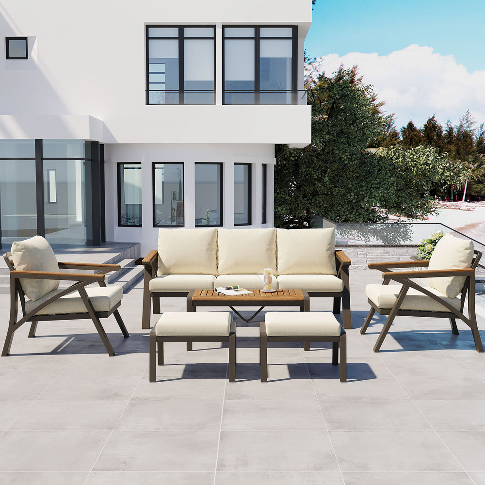English Elm 6-piece Outdoor Conversation Set with Acacia Wood Accents and Steel Frame Patio Seating Brown,Cream Beige N704G201256A