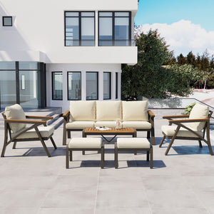 English Elm 6-piece Outdoor Conversation Set with Acacia Wood Accents and Steel Frame Patio Seating Brown,Cream Beige N704G201256A