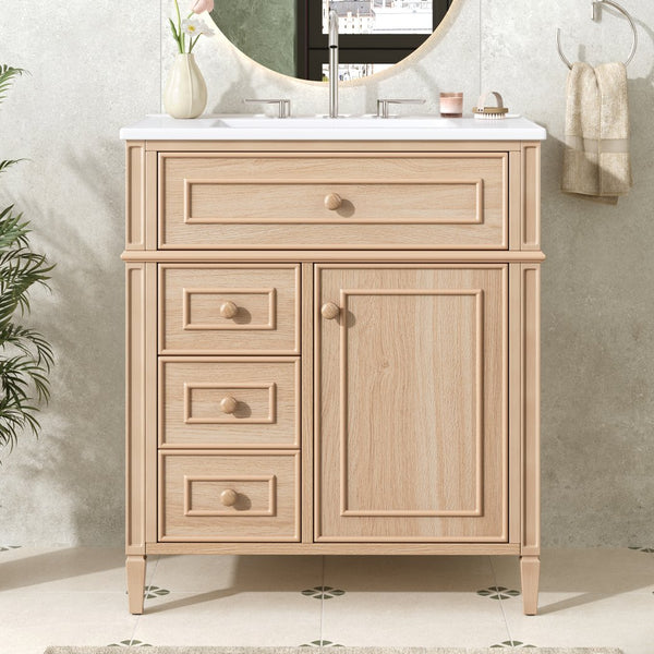 English Elm "30'' 30 Inch Freestanding Bathroom Vanity Solid Pine Cabinet Ceramic Sink Soft Close Storage N725P375498T