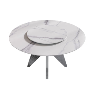 English Elm 59.05" Round Marble Dining Table With Silver Base, Durable Artificial Stone, Seats 6-8, Turntable Included W1535S00396
