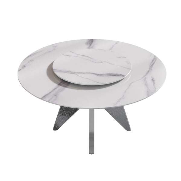 English Elm 59.05" Round Marble Dining Table With Silver Base, Durable Artificial Stone, Seats 6-8, Turntable Included W1535S00396