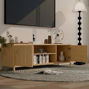 English Elm Bamboo Low Profile Media Console with Open Shelving and Cabinet Storage for Living Room W2207P334018