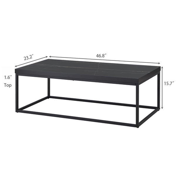 English Elm 47" Faux Stone Slab Coffee Table with Powder-coated Steel Frame for Modern Loft Living Black Marble-Look Sintered Stone W3151P400579