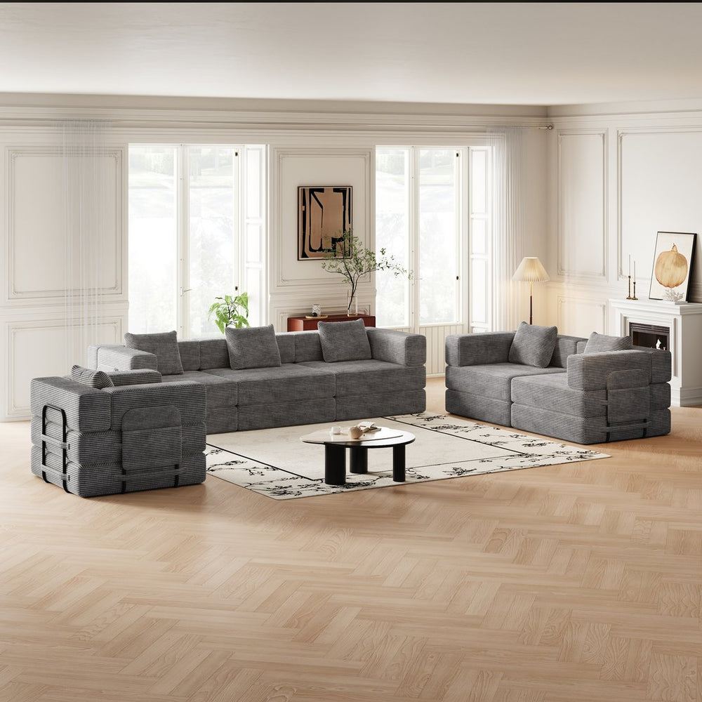 English Elm 6 Seater Corduroy Floor Sofa Bed with Storage Pockets for Living Room or Bedroom W3505S00021