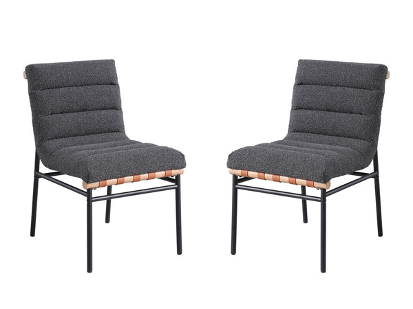English Elm Liana Boucle Upholstered Dining Chairs Set of 2 with Cognac Leather Accents Iron Legs Dark Gray B2749P413190